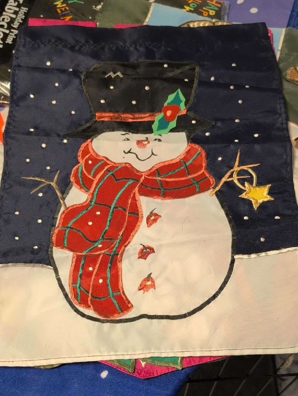 Festive Snowman Holiday Garden Flag - Red Scarf, Navy Background